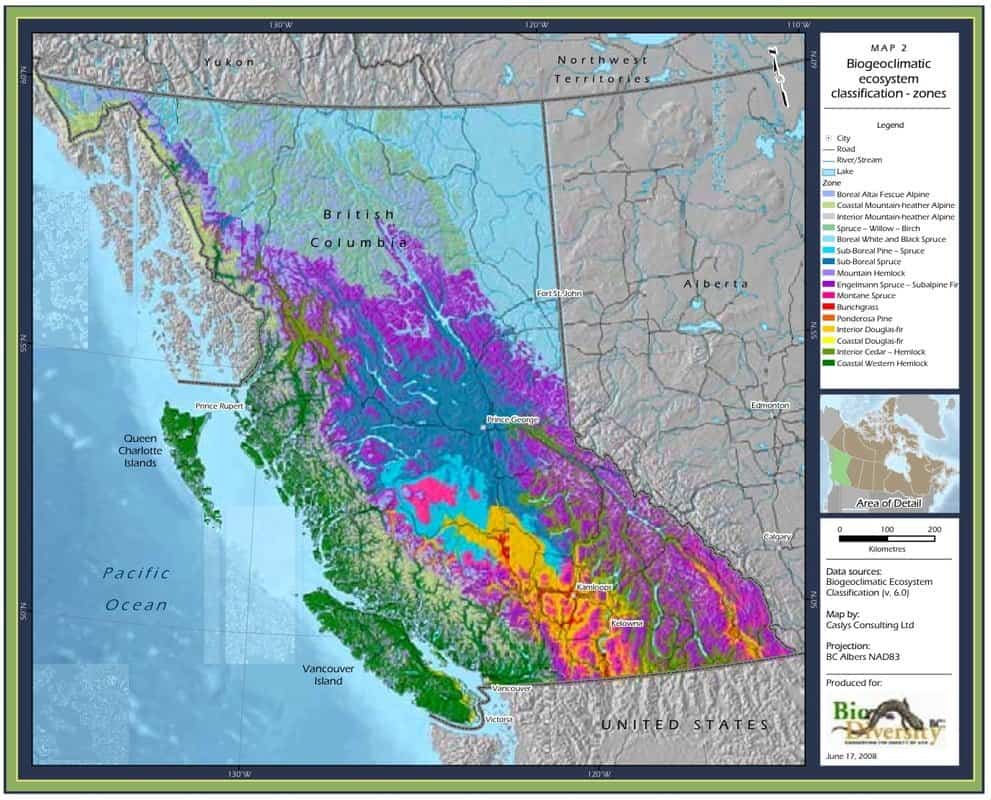 Map of British Columbia biogeoclimatic ecosystem classification zones
