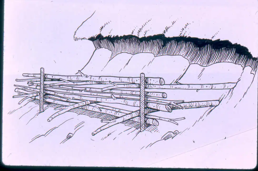 Diagram showing long LaREW cuttings extending into a slope to prevent circular failure