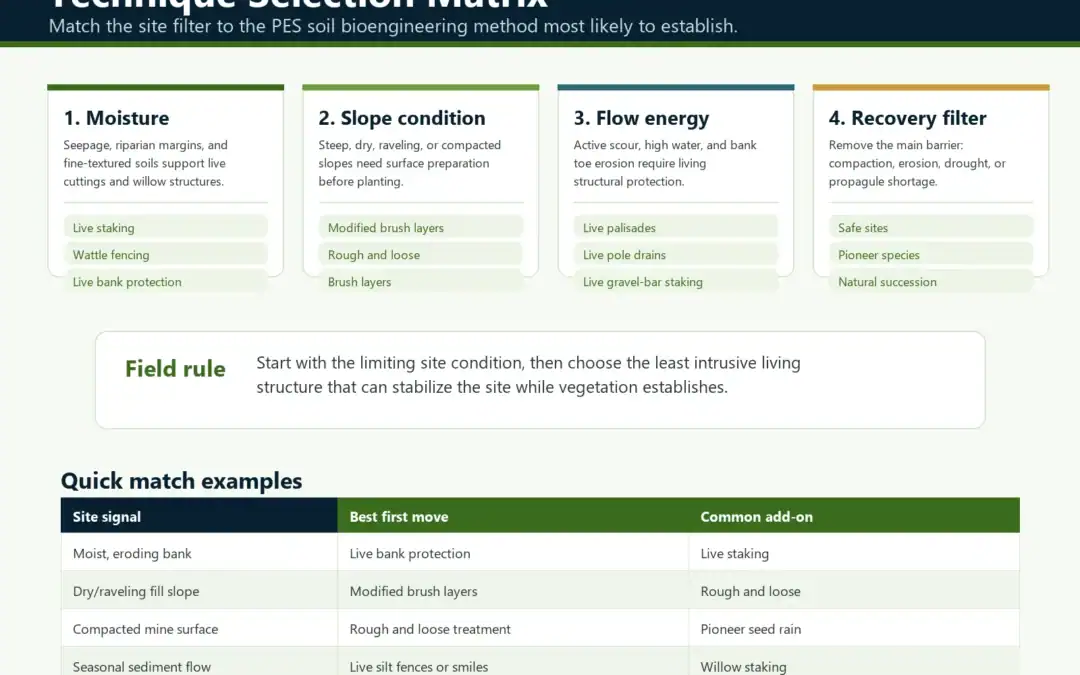Technique selection matrix matching site moisture, slope condition, flow energy, and recovery filters to PES soil bioengineering methods.