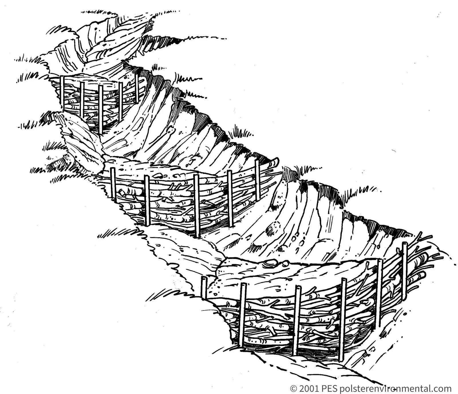 Specialty mudflow control diagram showing stepped live check structures in an eroded gully by PES